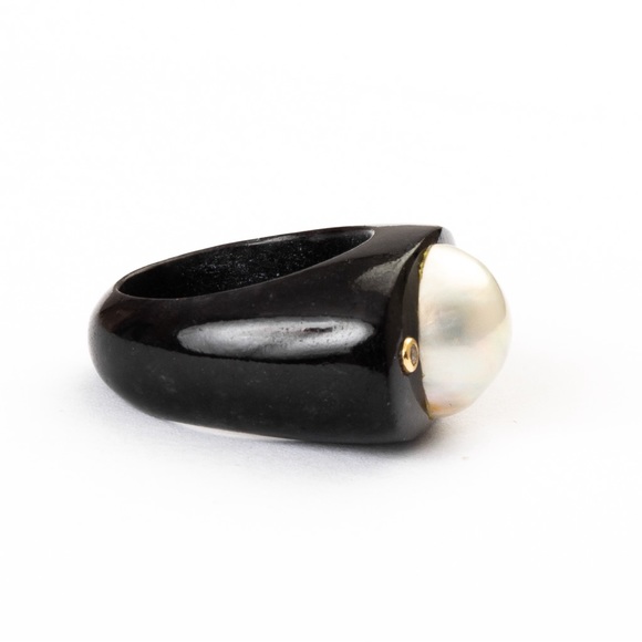 Pearl ring black agate 14K gold diamond accents chunky statement ring luxury 8 - Picture 9 of 16